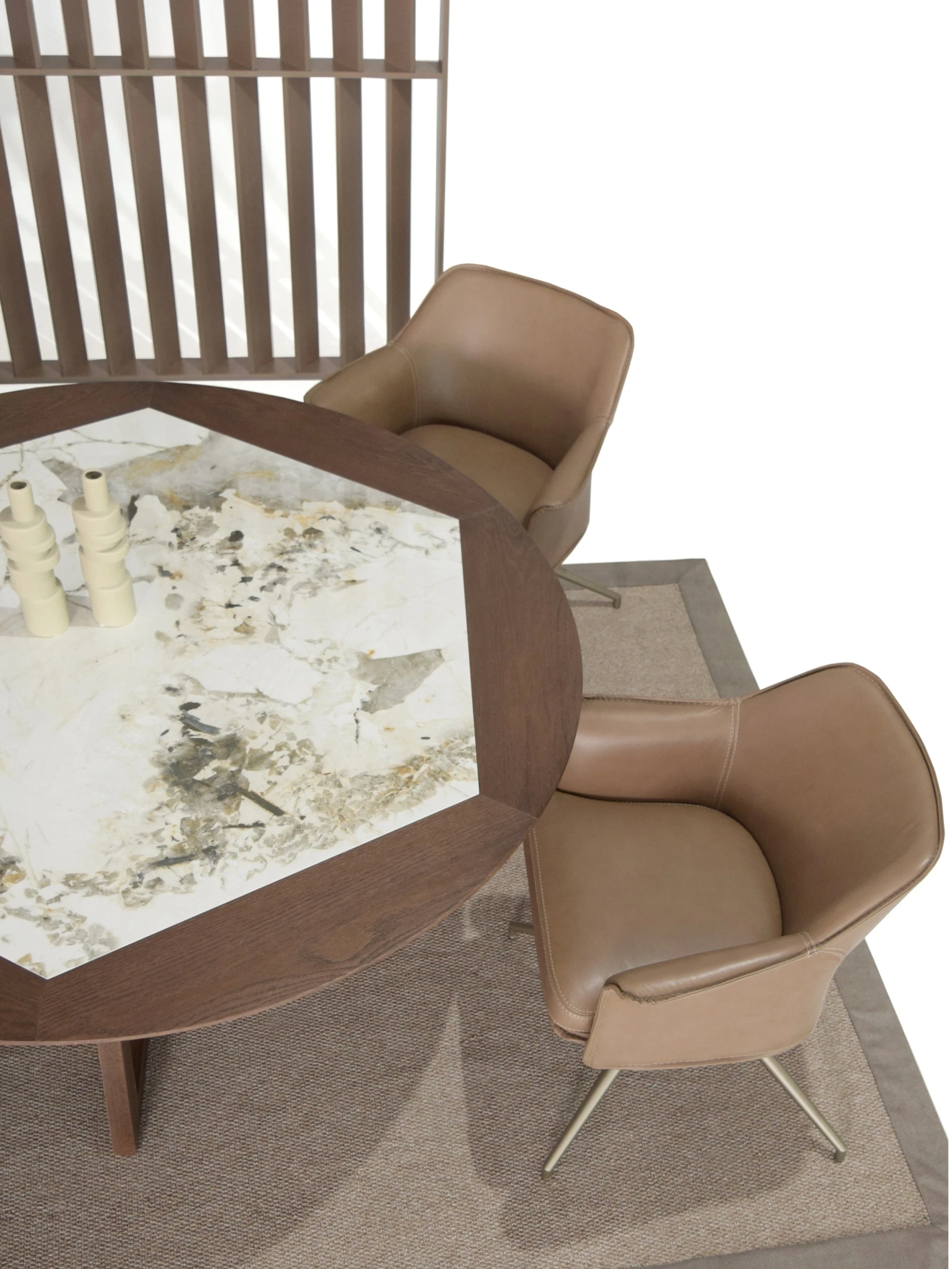 Top-down view of Charissa round dining table MDF table top finish