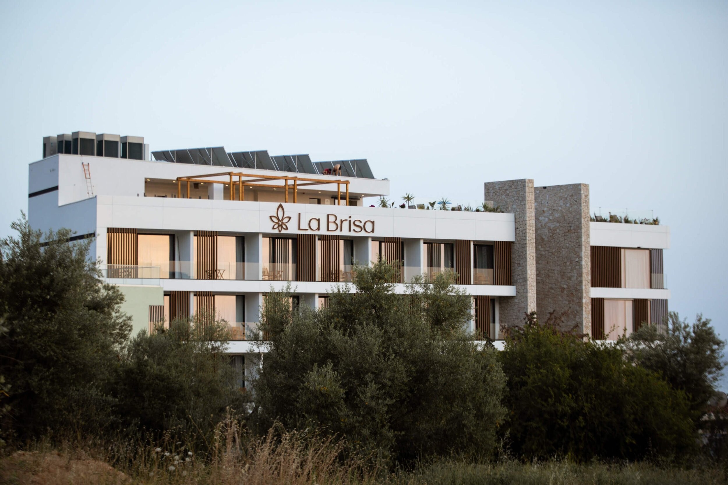 La Brisa Hotel - hotel building exterior seen through olive trees, South Albania