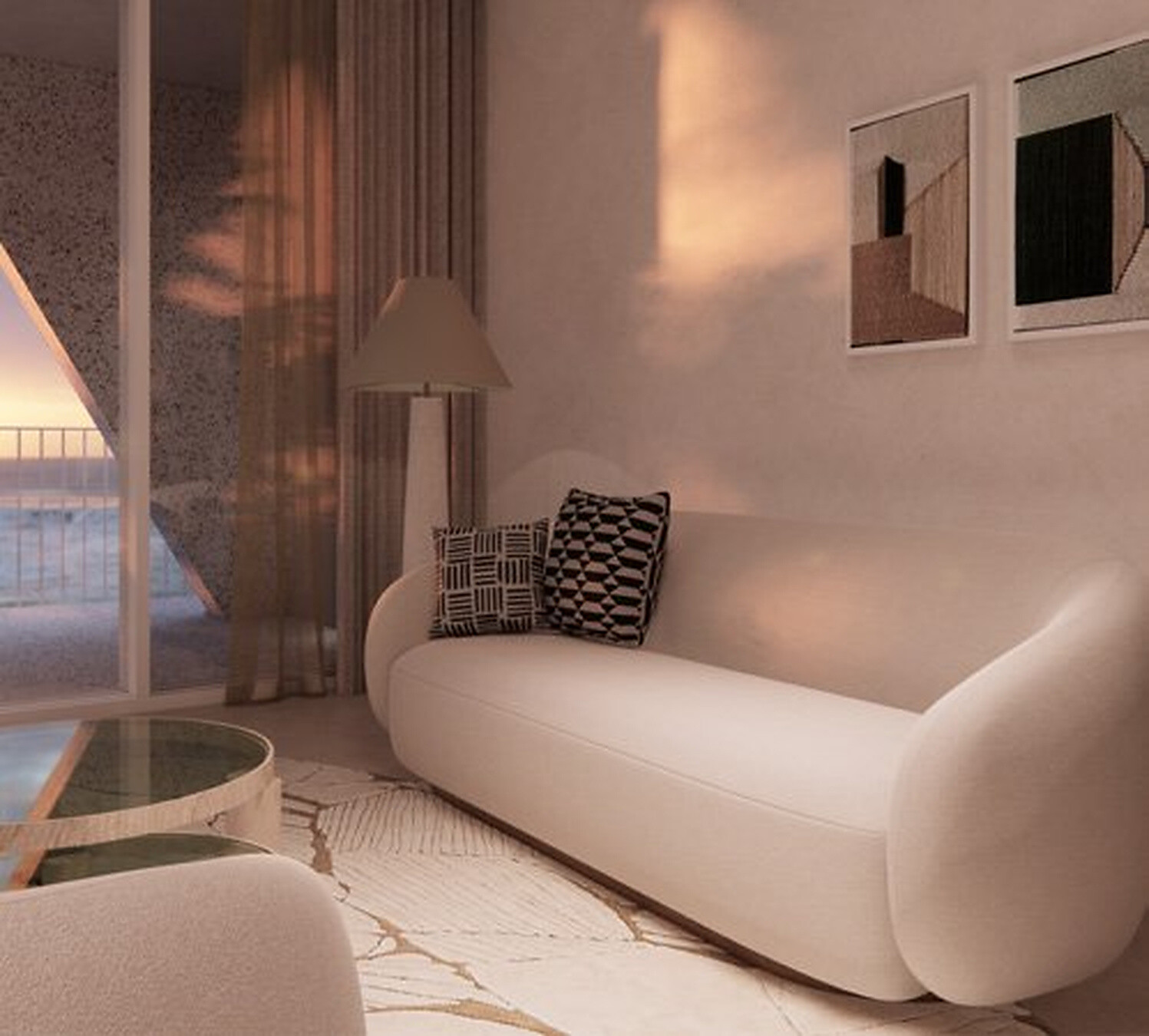 M Gallery Hotel - curved cream sofa and armchair beside floor-to-ceiling curtains, South Albania