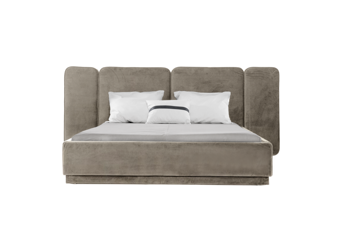 front angle of Monette modern designer bed with upholstered pillars