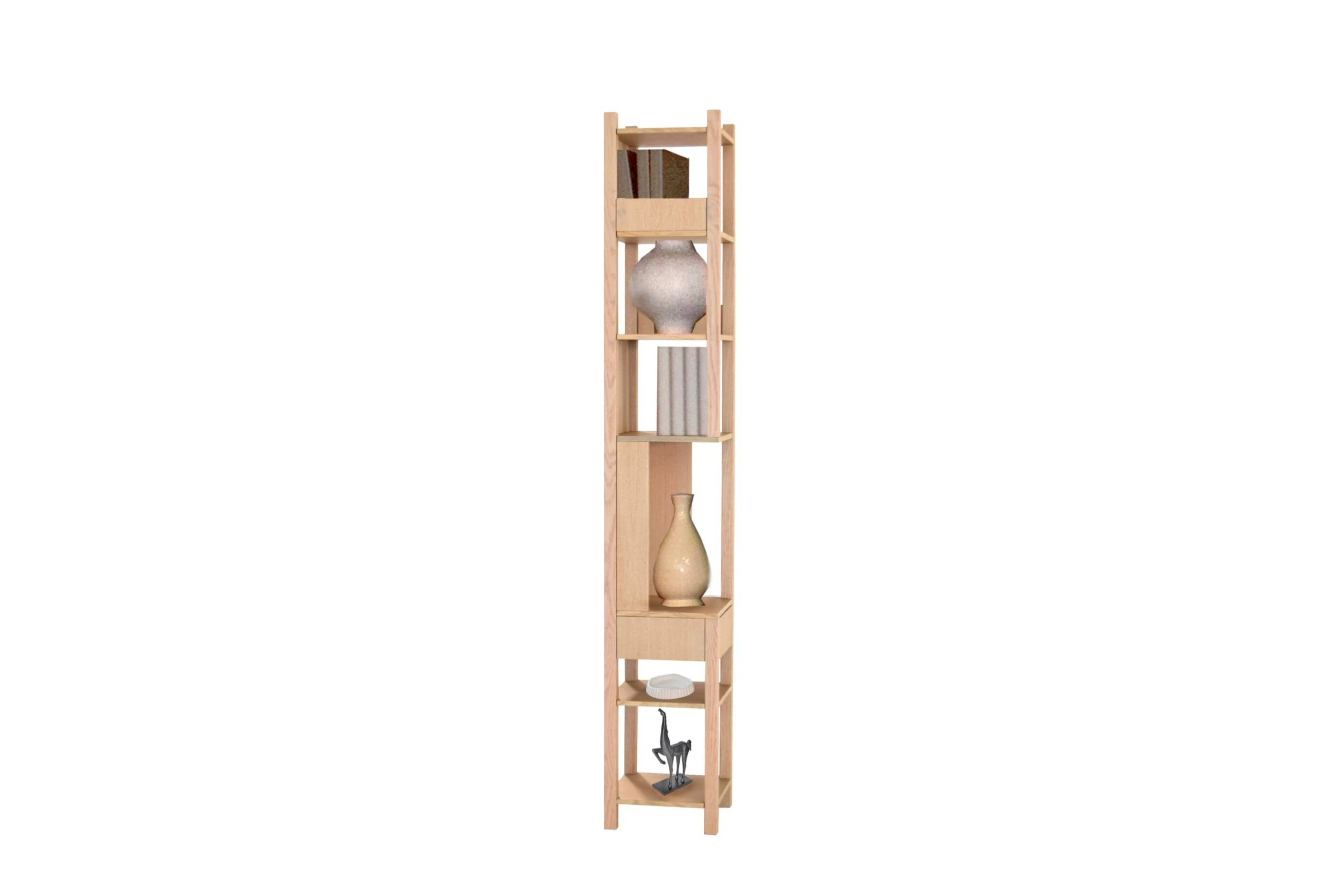 front view of Noam corner wood shelving unit