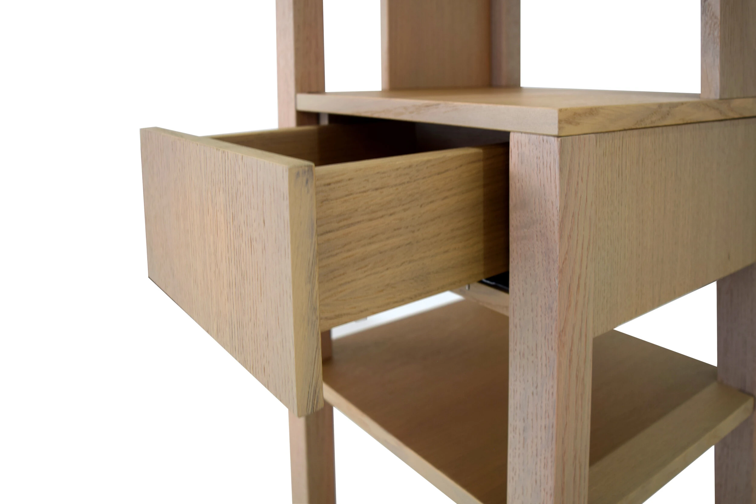 Close up of Noam corner wood shelving unit