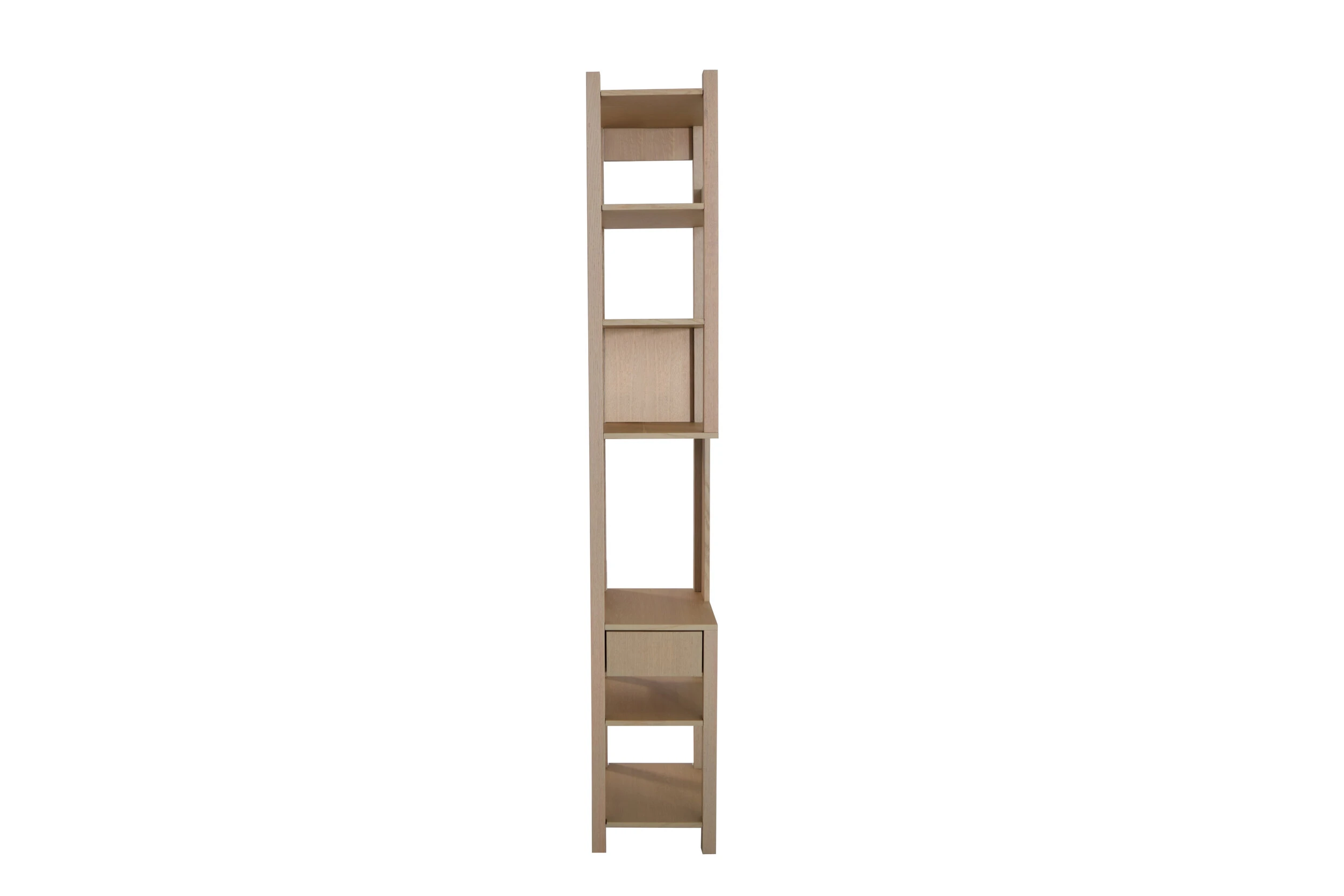 Front facing view of thin shelving unit