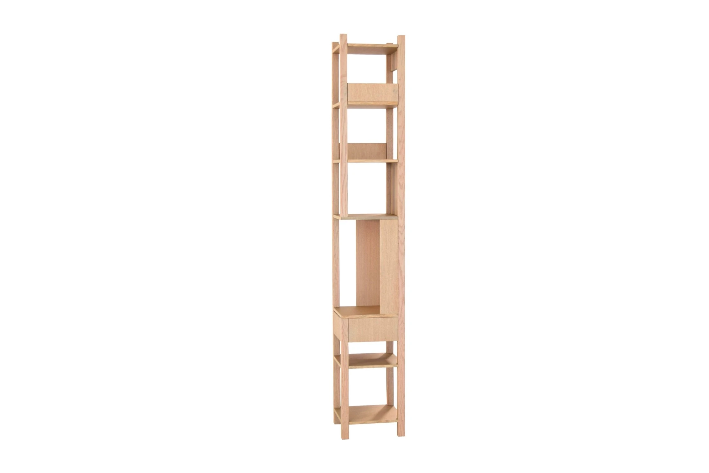 Side view of Noam corner wood shelving unit