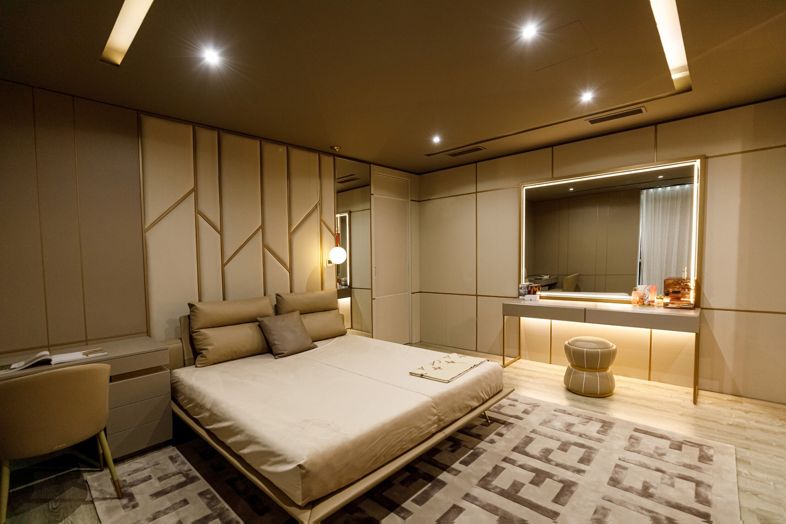 Private Villa South Albania - bedroom with a low bed facing a dressing table and mirror, Vlore