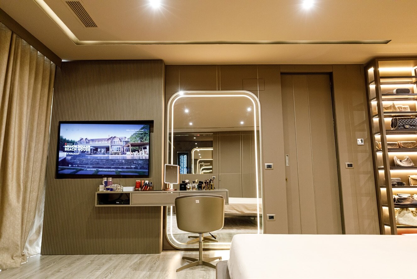 Private Villa South Albania - dressing area with a lit mirror, television and shoe shelving, Vlore