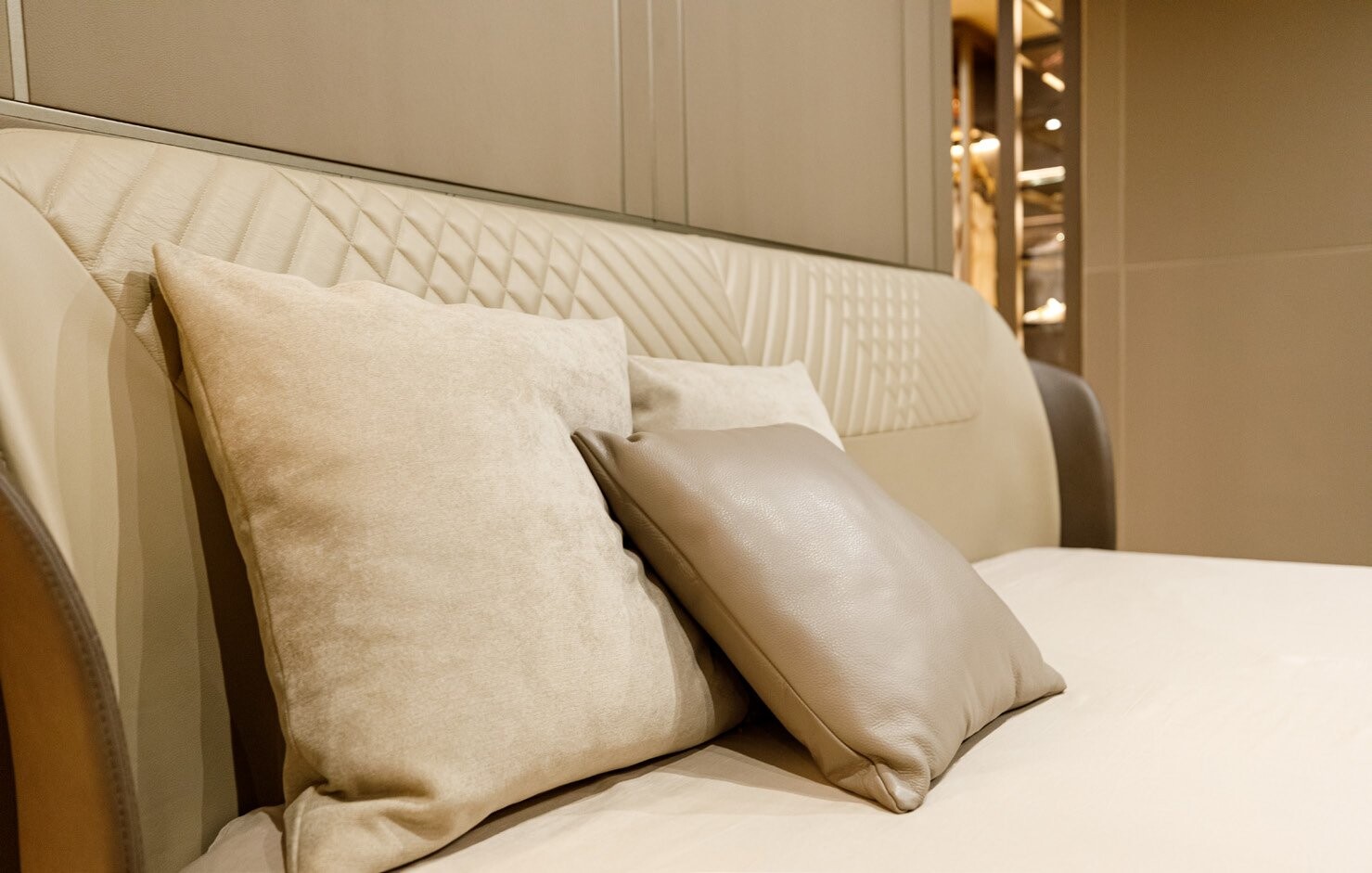 Private Villa South Albania - close view of the quilted headboard and cushions, Vlore