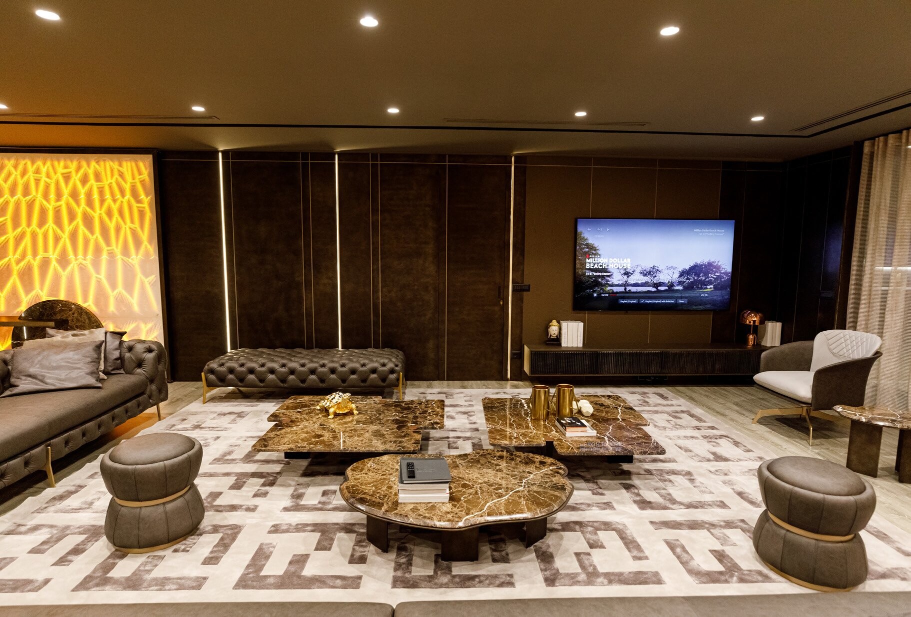 Private Villa South Albania - living room with tufted sofas, marble tables and a television, Vlore