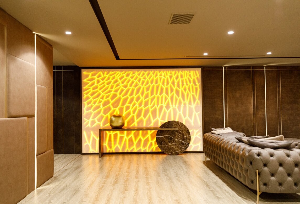 Private Villa South Albania - living room with a backlit amber onyx feature wall, Vlore