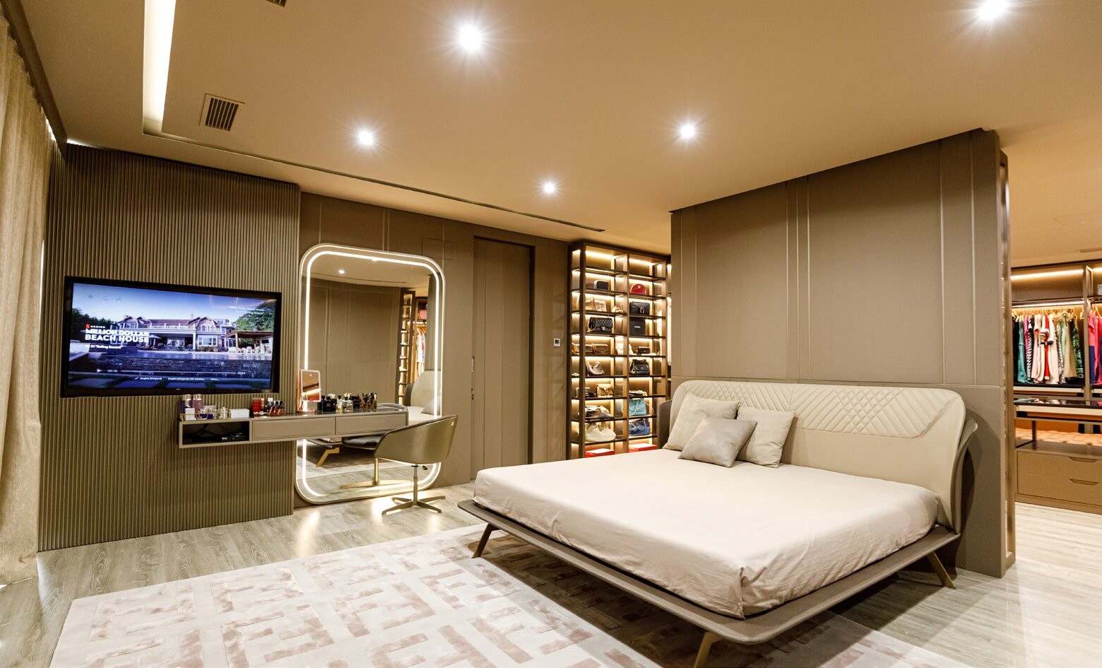 Private Villa South Albania - bedroom with a television, lit mirror and shoe shelving, Vlore