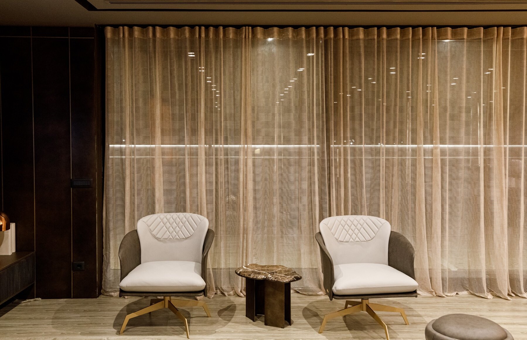Private Villa South Albania - pair of cream armchairs and a side table in front of full-height curtains, Vlore