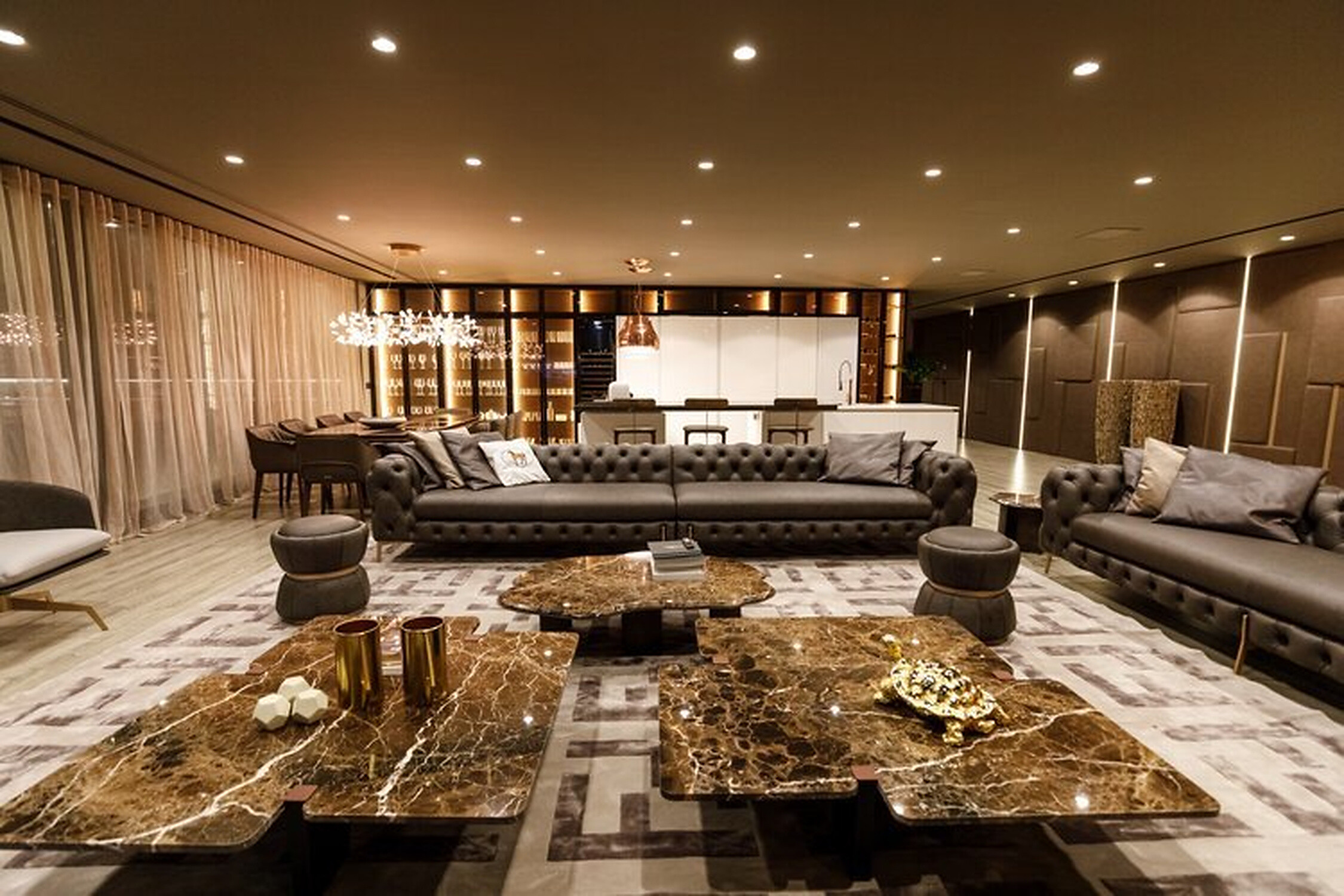 Private Villa South Albania - living room with dark sofas, marble tables and lit shelving, Vlore