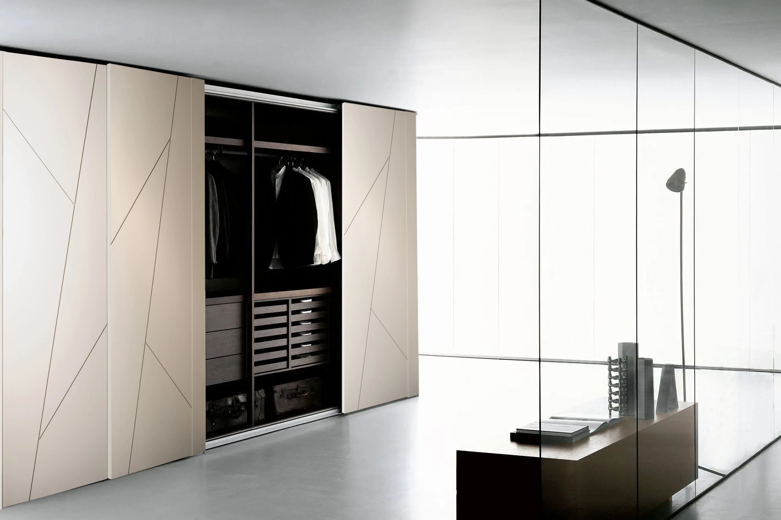 Side angled view of Stile sliding door wardrobe