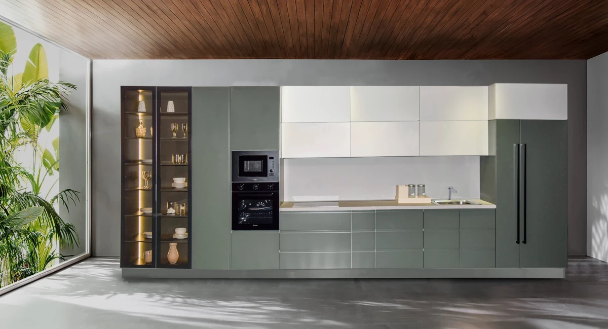 Venice Contemporary Kitchen with integrated Glass display cabinet