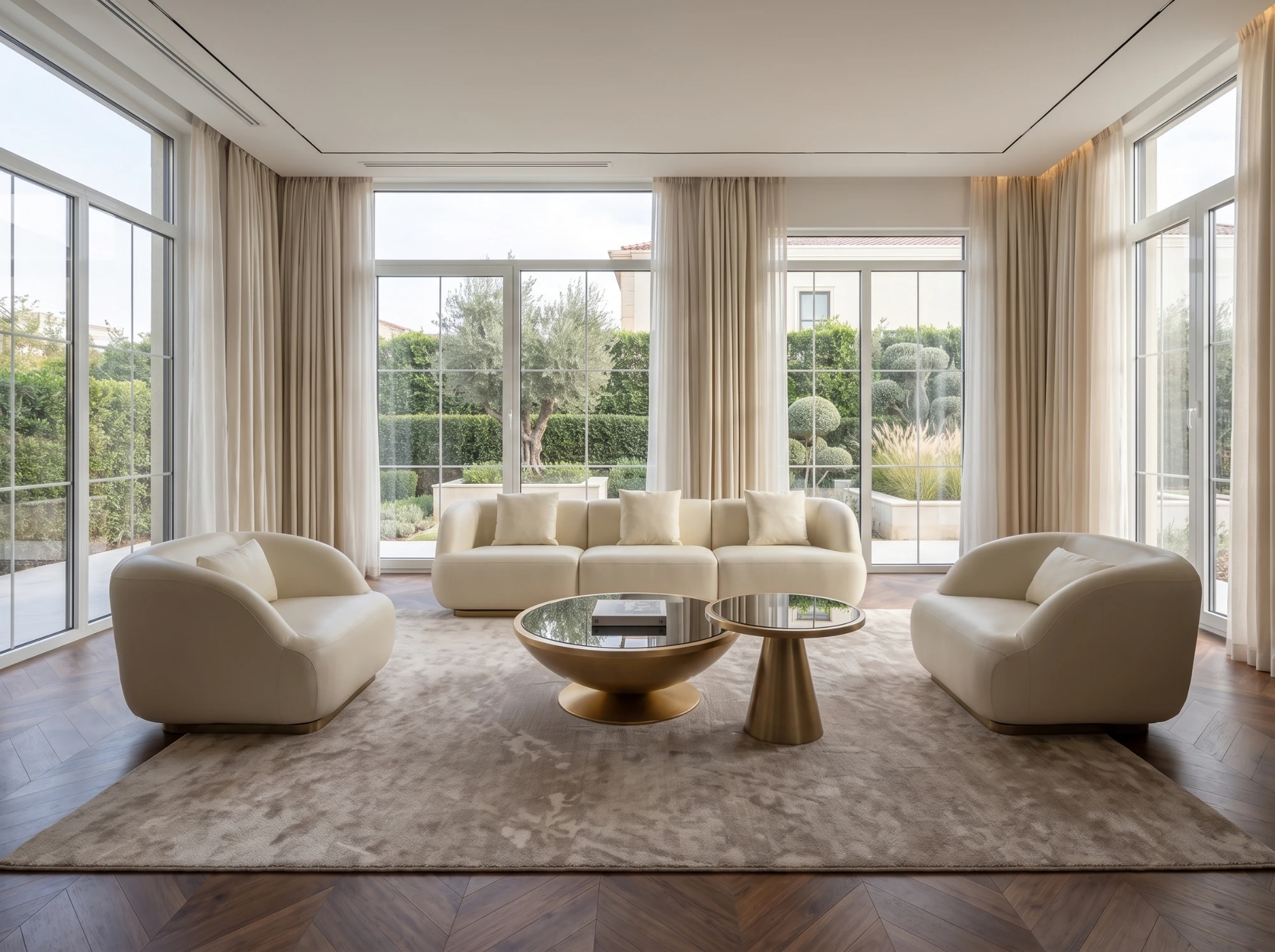 Miya armchairs with the Miya sectional sofa in a garden-view living room
