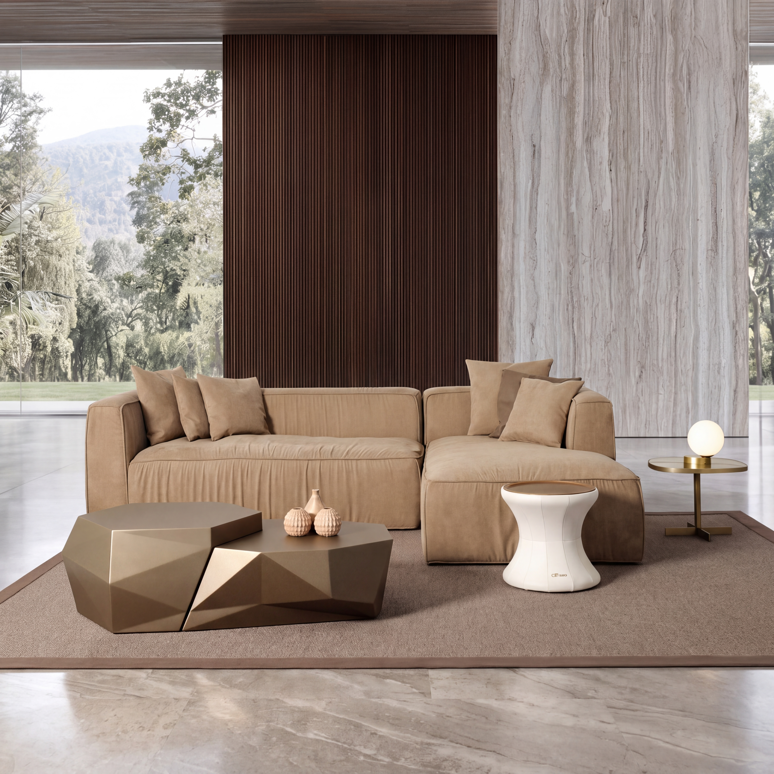 Prism coffee table in a designer lounge setting